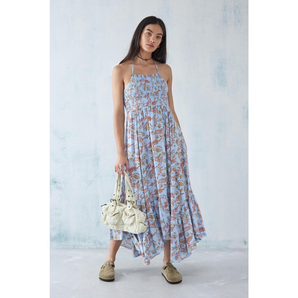[Free People] Blue Heat Wave Printed Smocked Flowy Maxi Slip Dress Size Medium M
